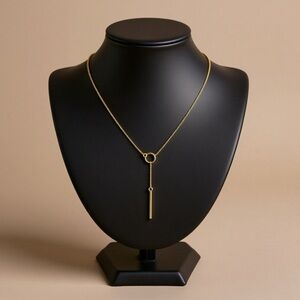 🧚🏻‍♀️ Gold Tone Lariat Necklace 20” Modern Circle & Bar Drop Minimalist Pendant